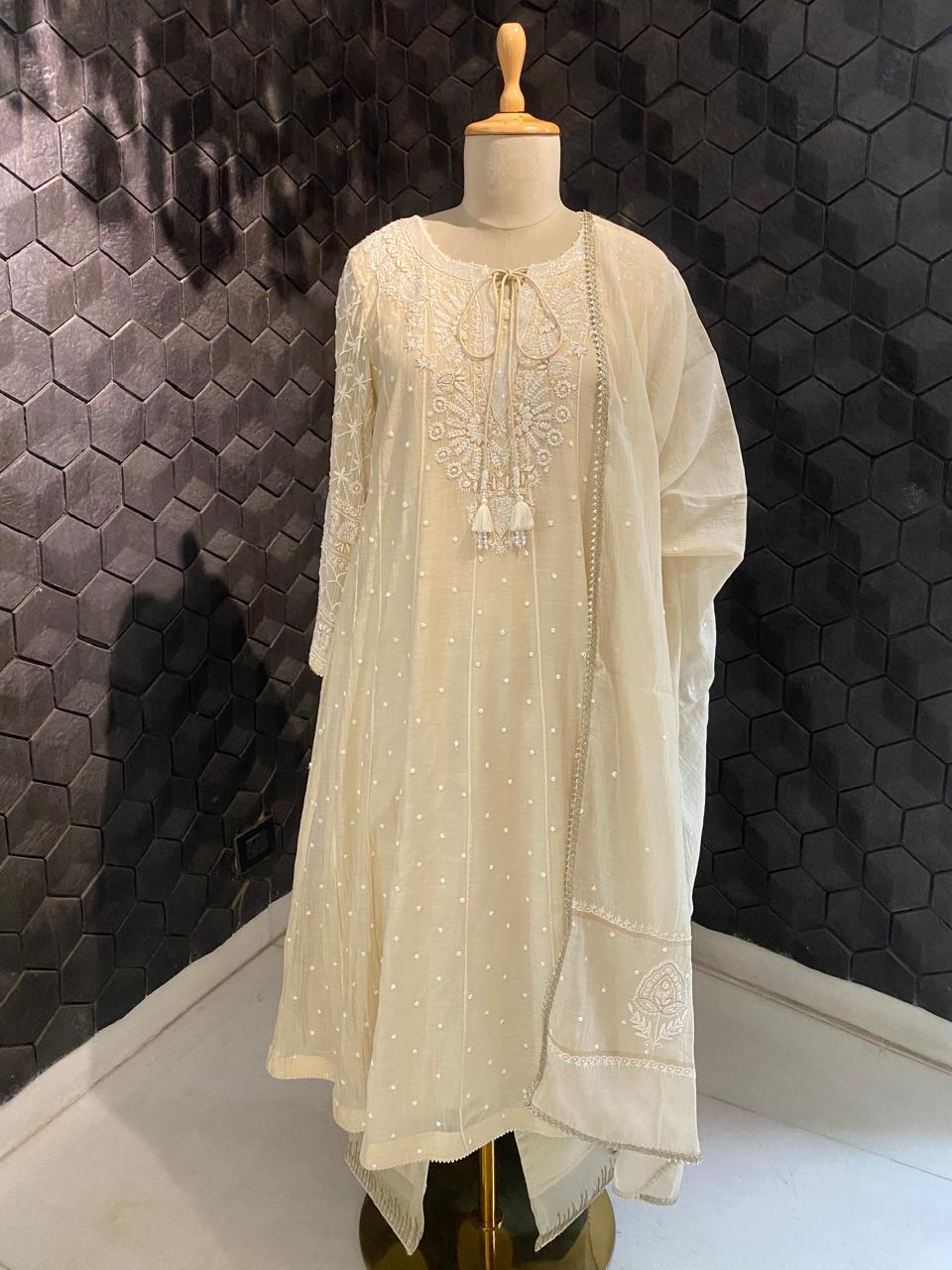 Cream Mul Chanderi Chikankari Anarkali Set