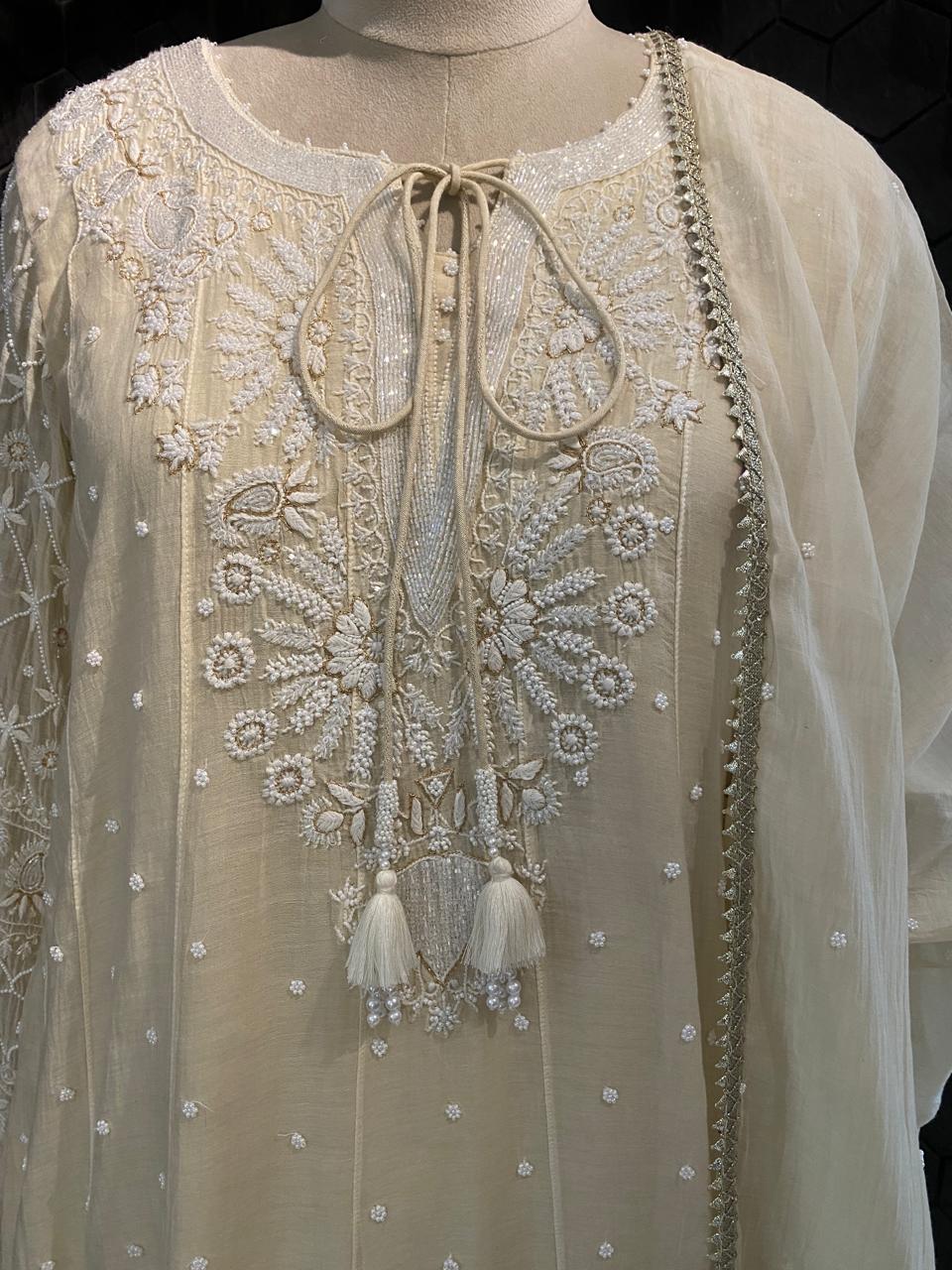 Cream Mul Chanderi Chikankari Anarkali Set