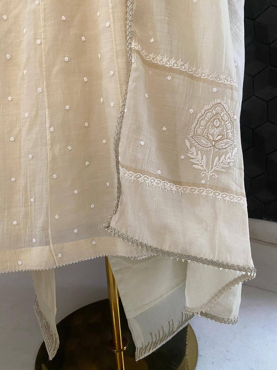 Cream Mul Chanderi Chikankari Anarkali Set