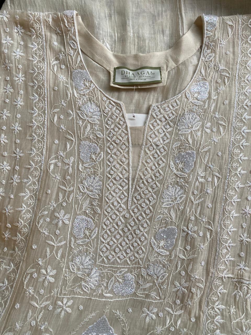 beige mul chanderi pannel chikankari Kurta set