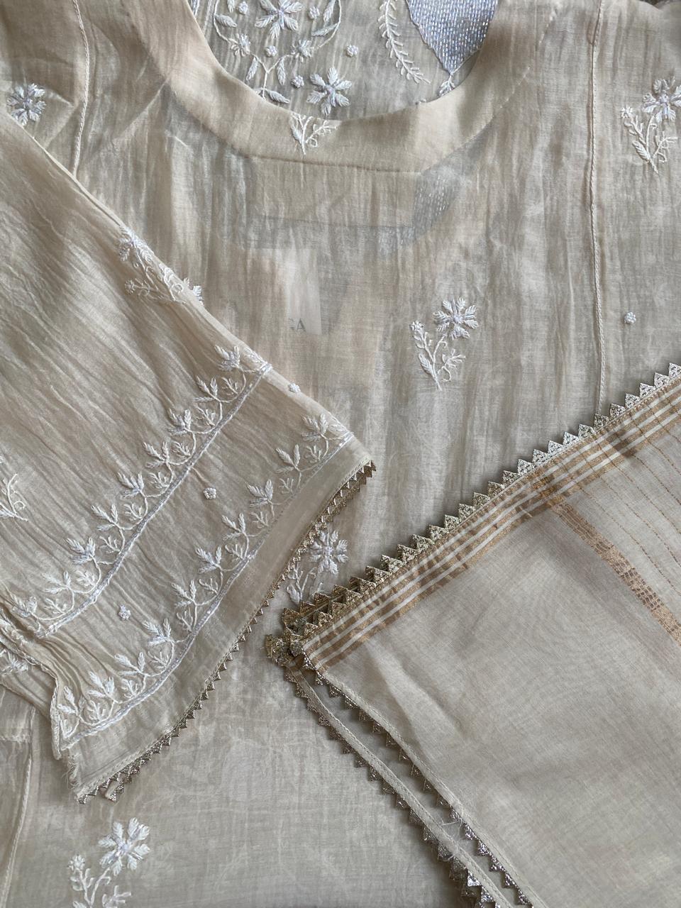 beige mul chanderi pannel chikankari Kurta set