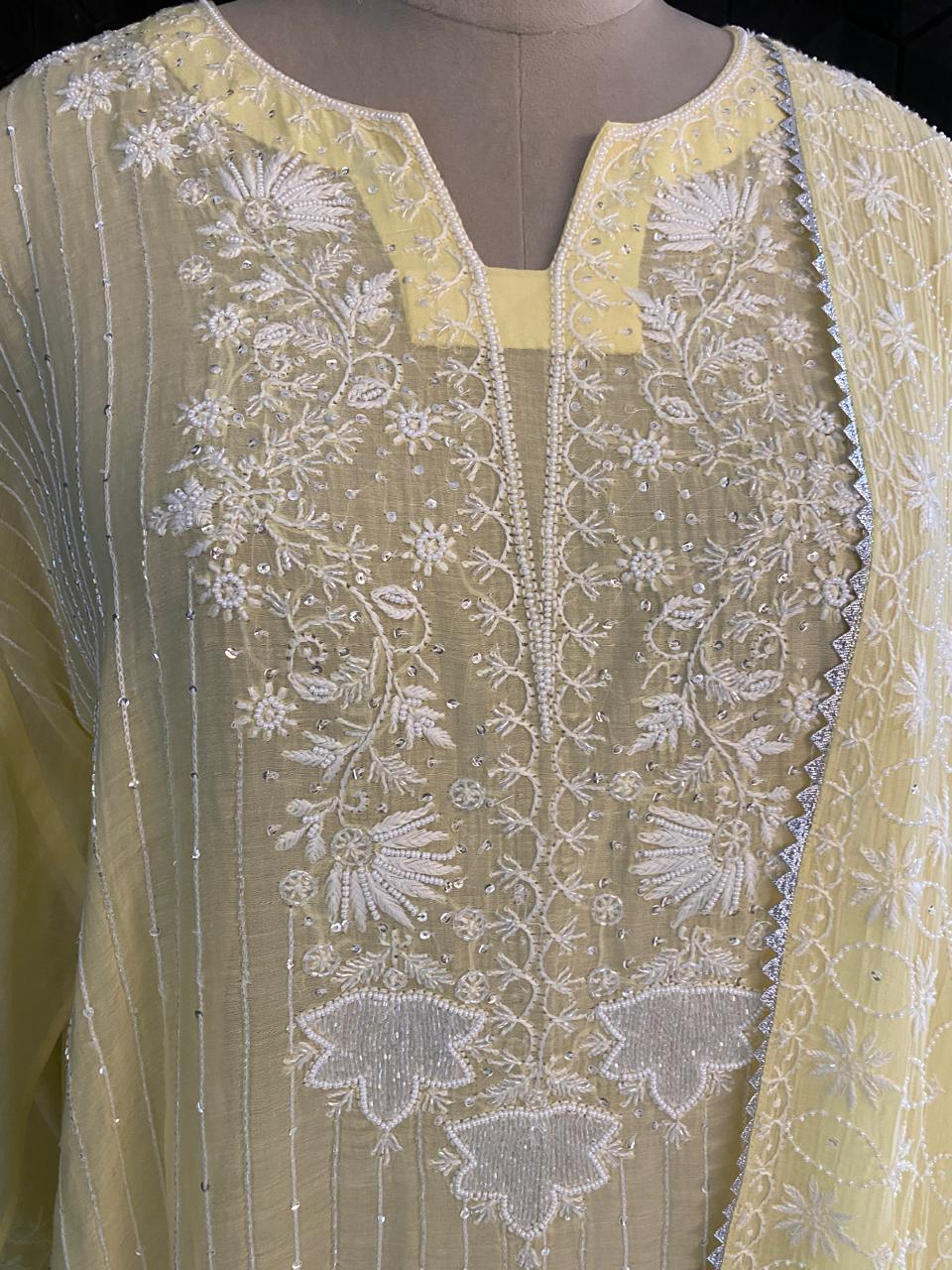 butter yellow Mul Chanderi Chikankari Kurta Set