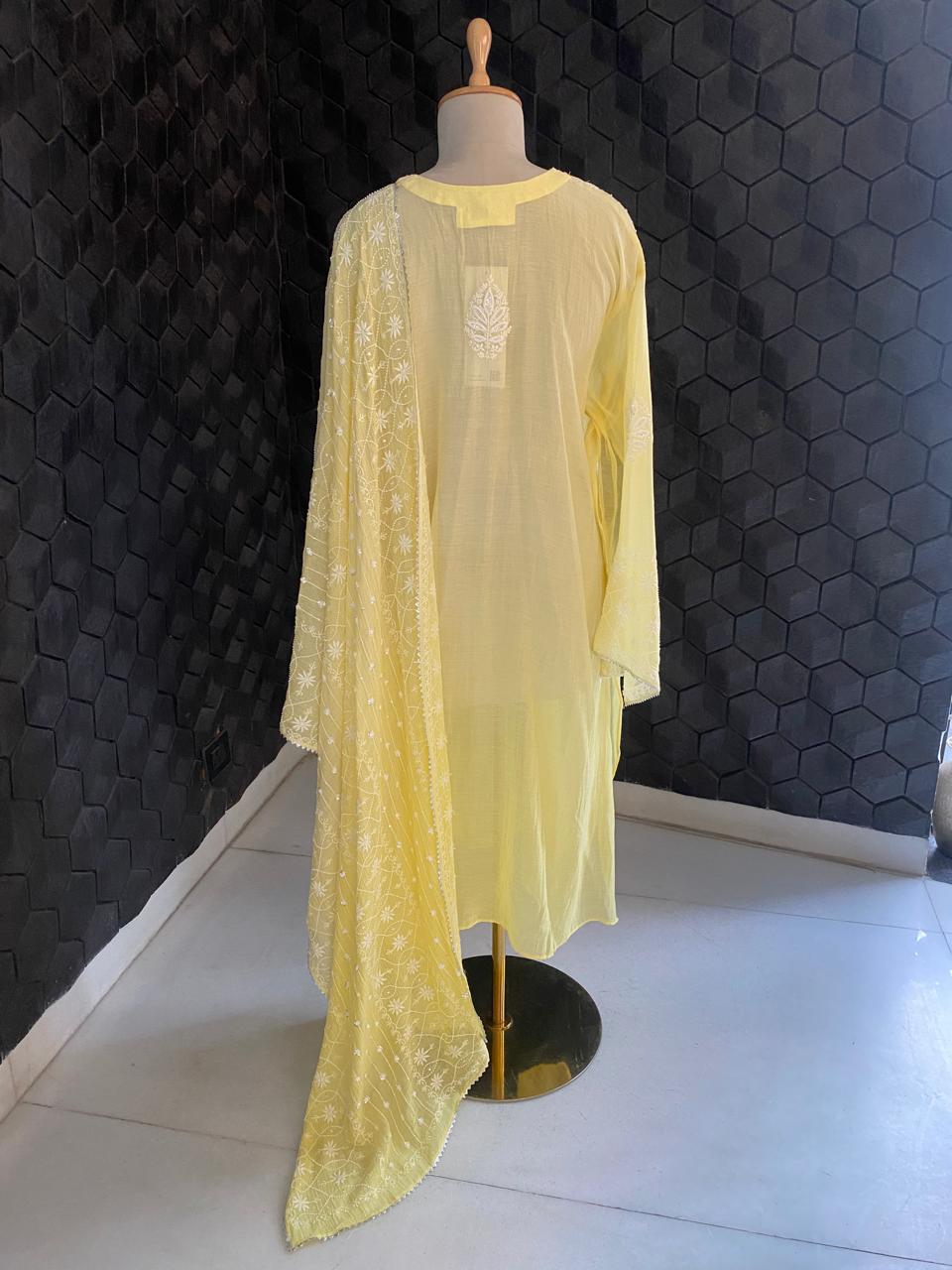 butter yellow Mul Chanderi Chikankari Kurta Set