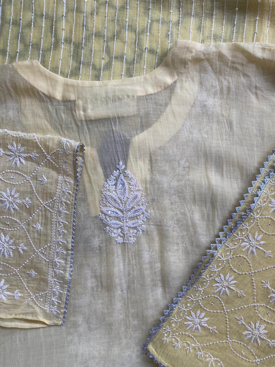 butter yellow Mul Chanderi Chikankari Kurta Set