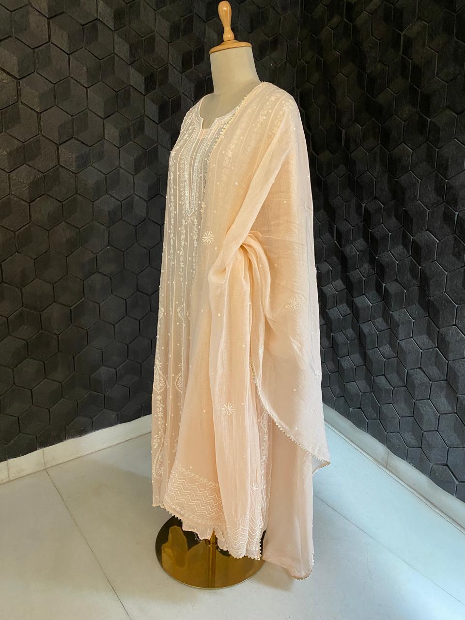 Peach Mul chanderi Chikankari Anarkali Kurta Set