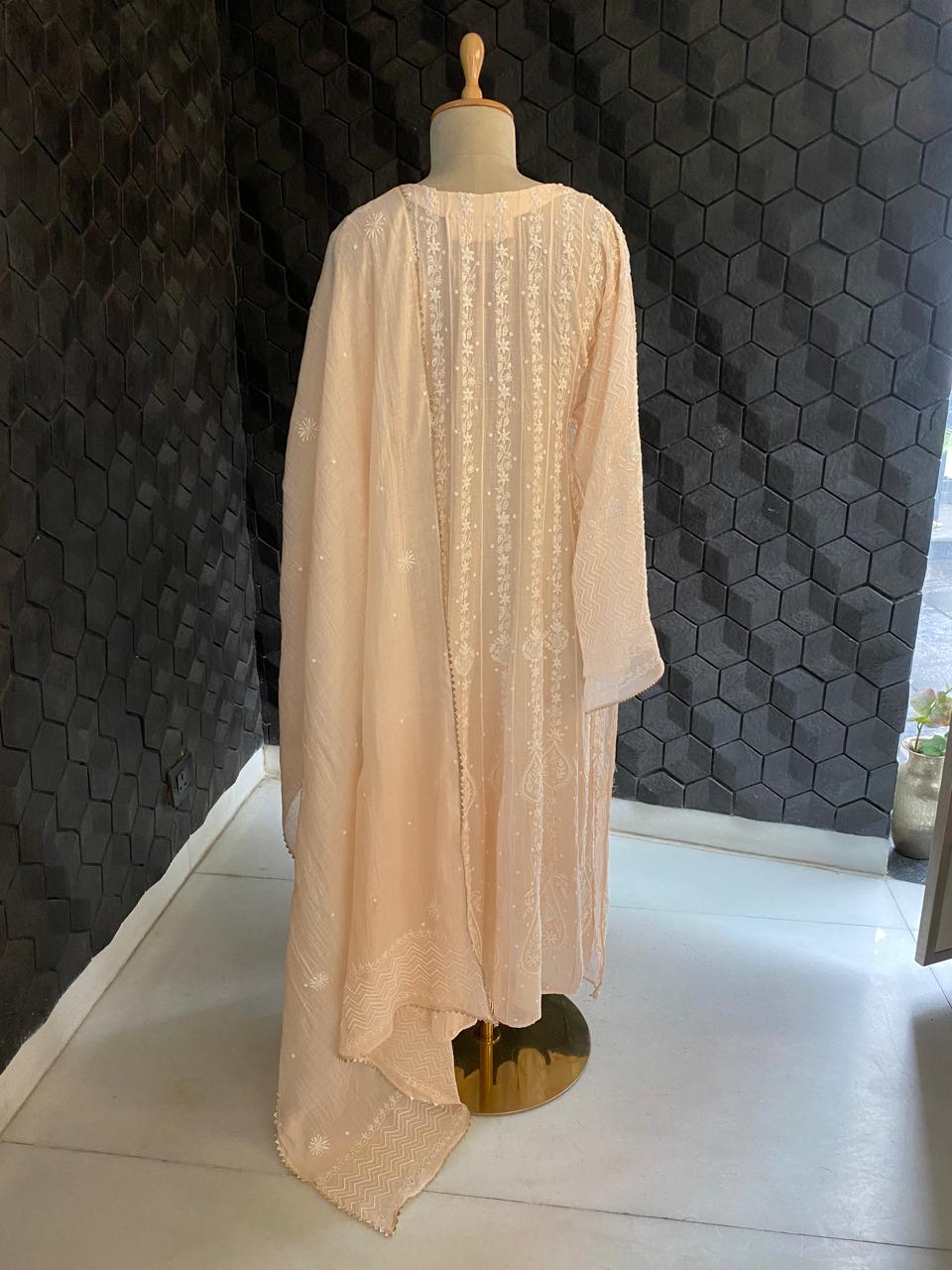 Peach Mul chanderi Chikankari Anarkali Kurta Set