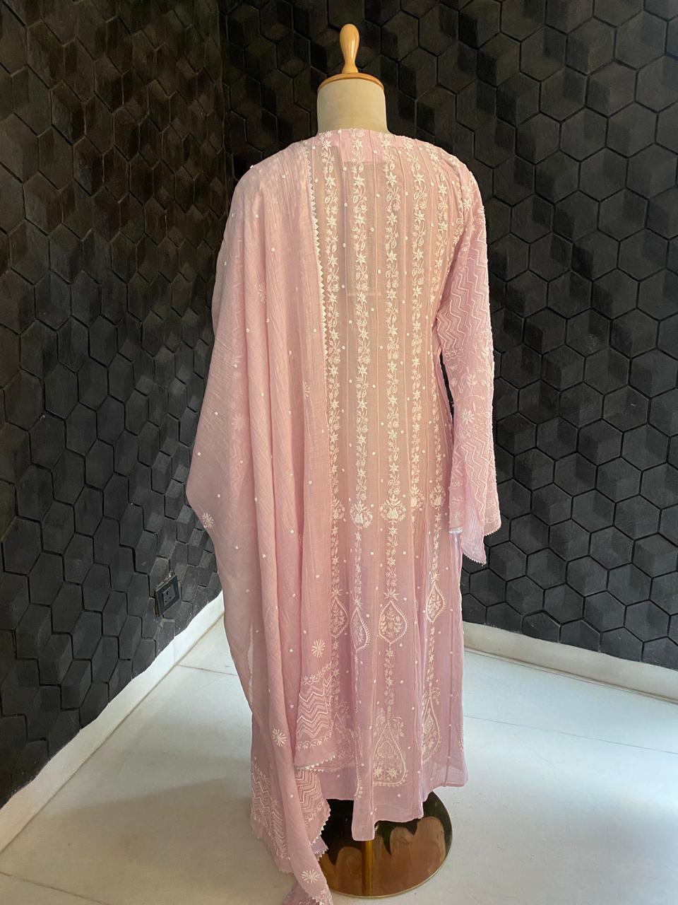 Lilac Mul chanderi chikankari Anarkali kurta set