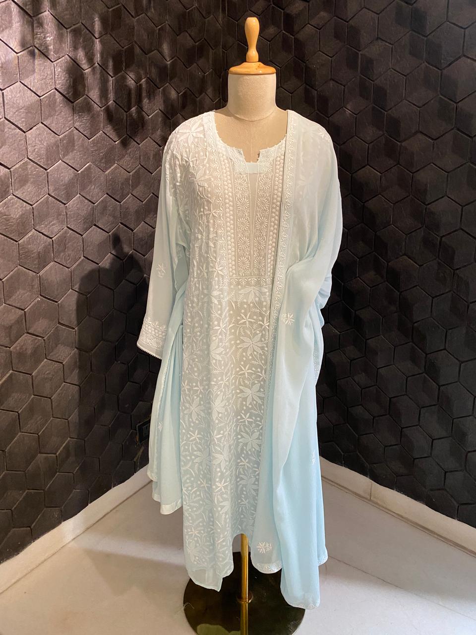 sky blue georgette chikankari kurta set