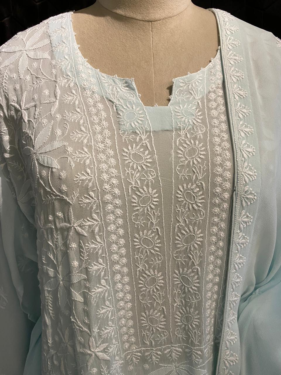 sky blue georgette chikankari kurta set