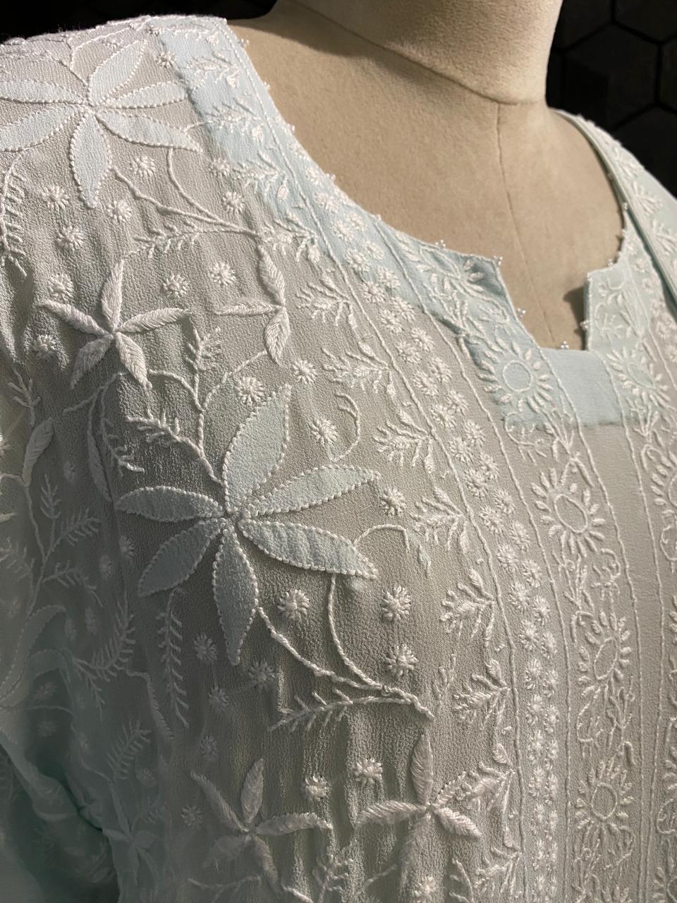 sky blue georgette chikankari kurta set