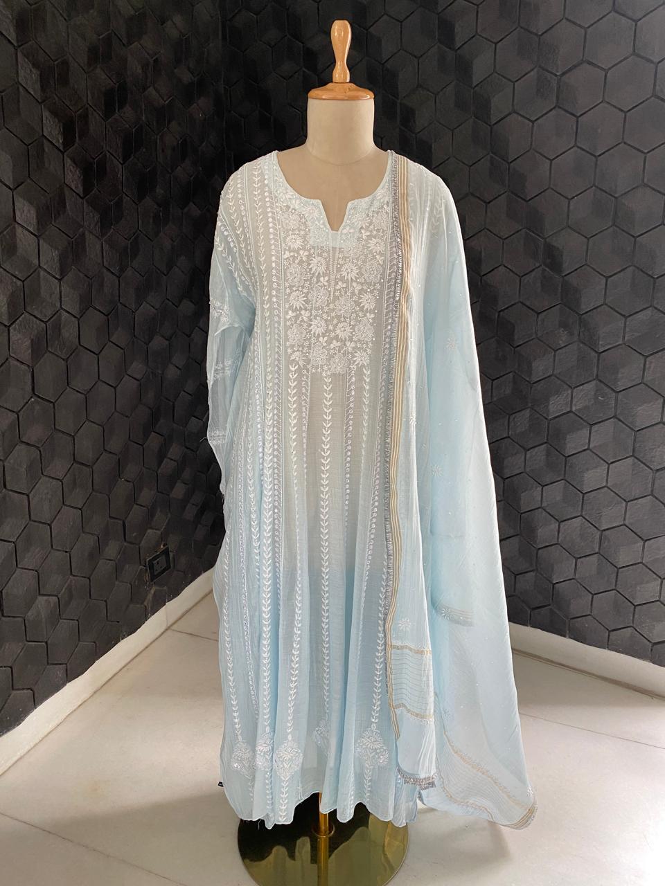sky blue Mul Chanderi Anarkali kurta set