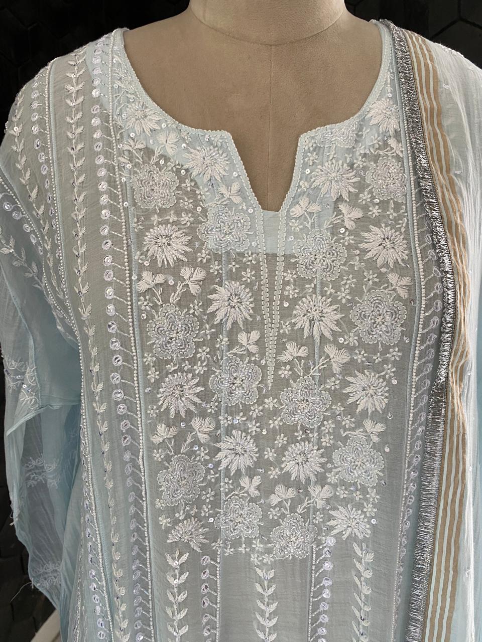 sky blue Mul Chanderi Anarkali kurta set