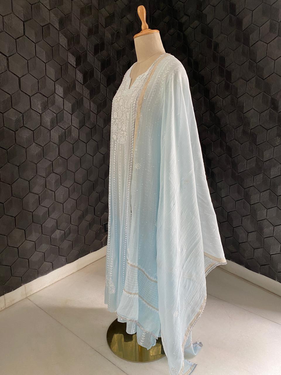 sky blue Mul Chanderi Anarkali kurta set