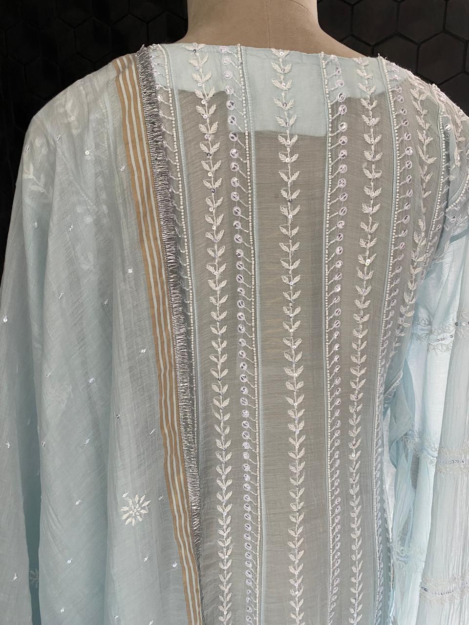 sky blue Mul Chanderi Anarkali kurta set