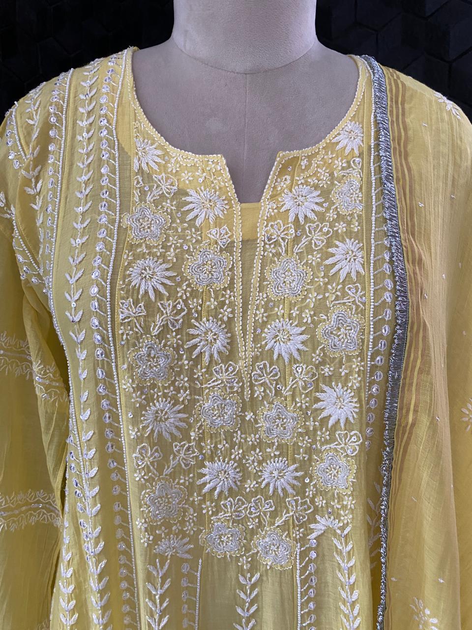 Yellow Mul Chanderi Anarkali kurta set