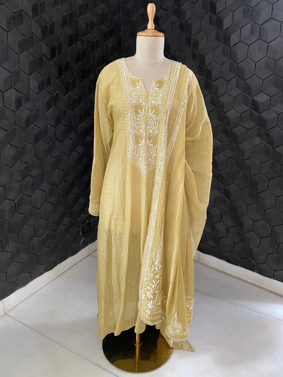 Pista green mul chanderi chikankari kurta set