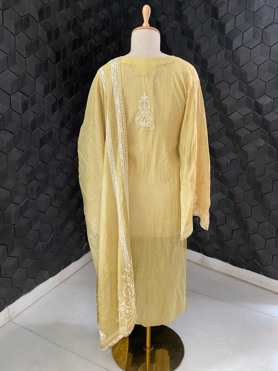 Pista green mul chanderi chikankari kurta set