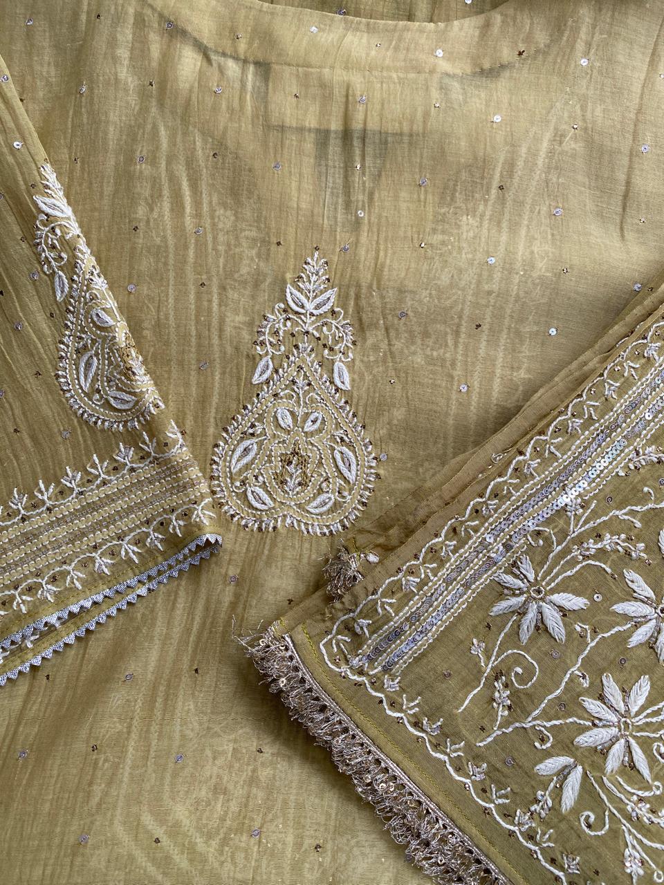 Pista green mul chanderi chikankari kurta set