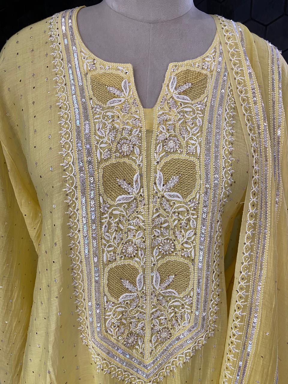 yellow mul chanderi chikankari kurta set
