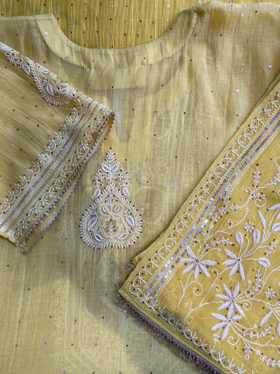 yellow mul chanderi chikankari kurta set