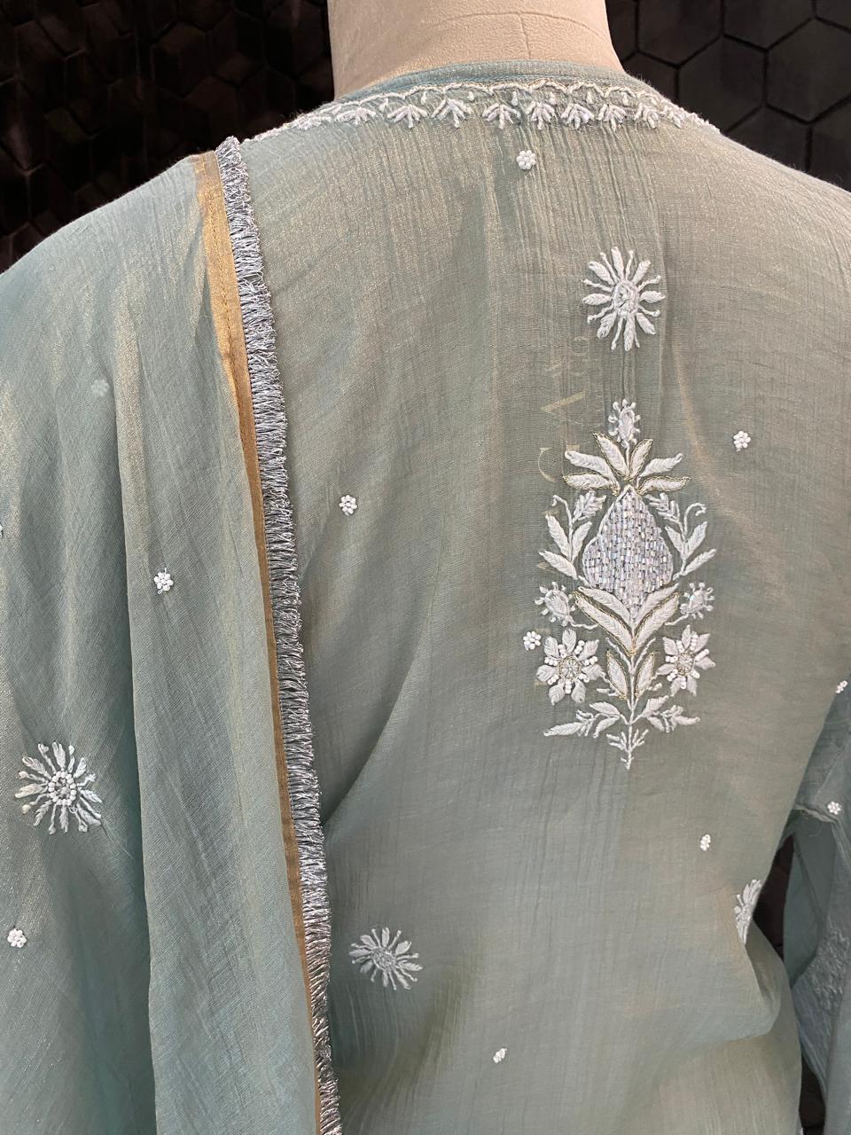 Mint Green Golden Tissue Chikankari Kurta Set