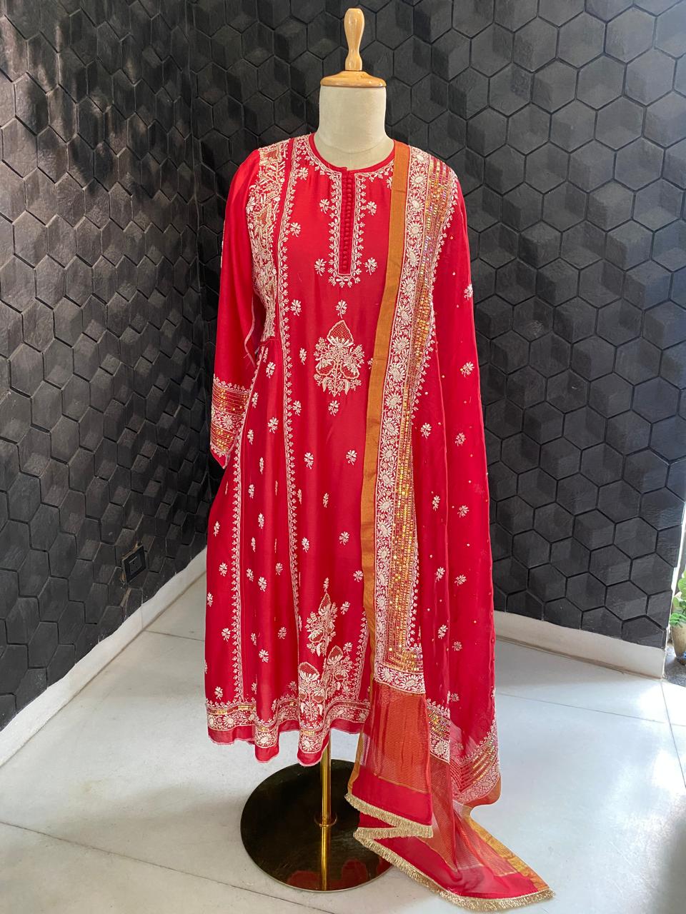 Red chanderi chikankari kurta set