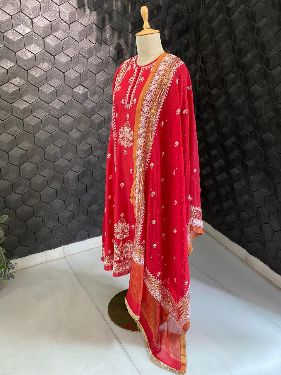 Red chanderi chikankari kurta set