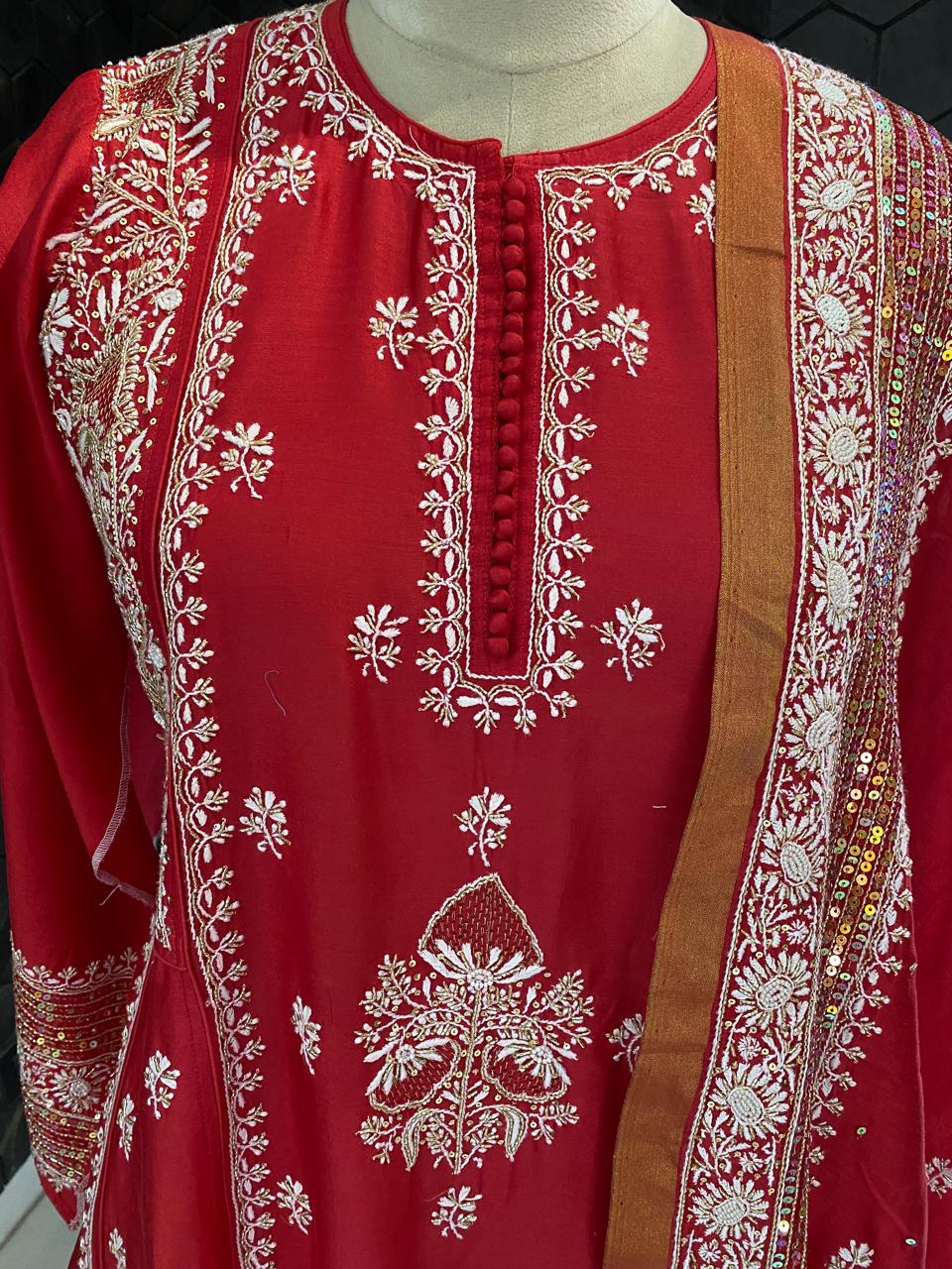 Red chanderi chikankari kurta set