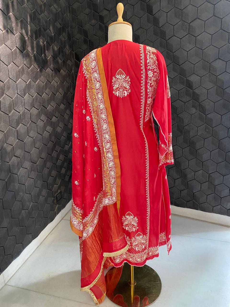Red chanderi chikankari kurta set