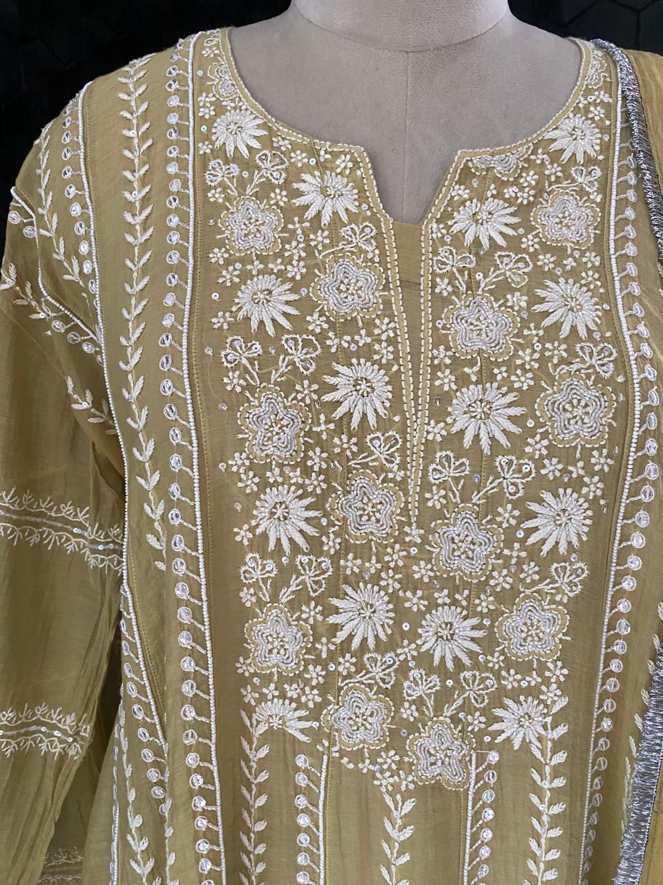 Pista green Mul Chanderi anarkali kurta set