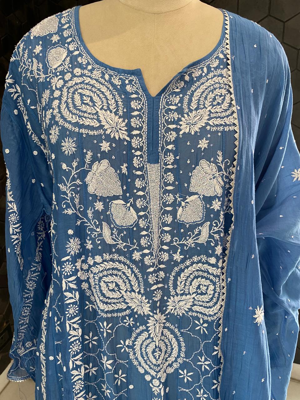 cobalt blue mul chanderi chikankari anarkali kurta set