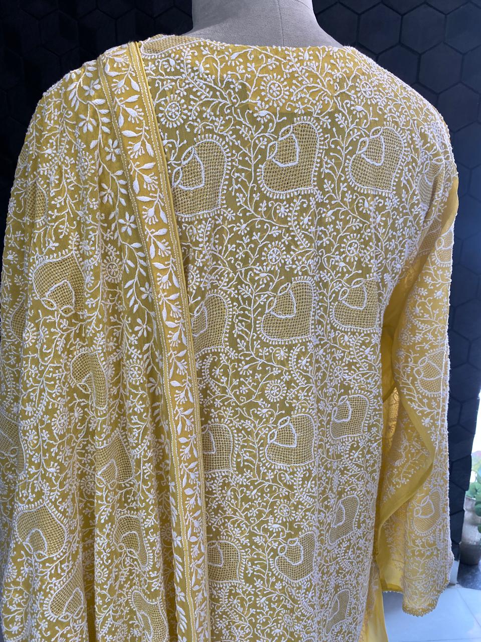 Yellow georgette full jaal chikankari kurta set