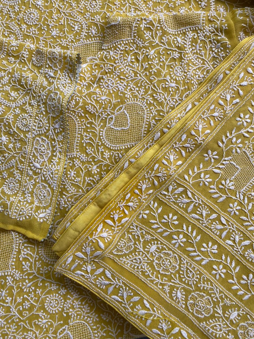 Yellow georgette full jaal chikankari kurta set