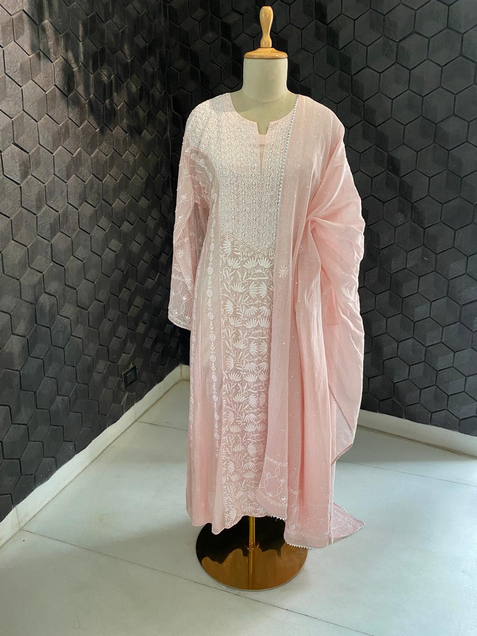 pink panel Lotus mul chanderi chikankari kurta set