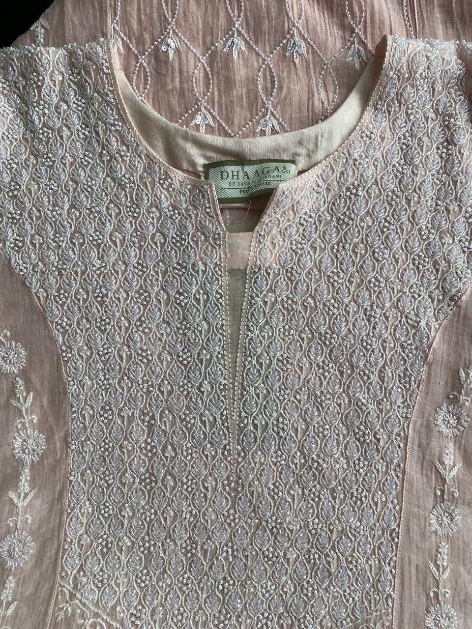 pink panel Lotus mul chanderi chikankari kurta set