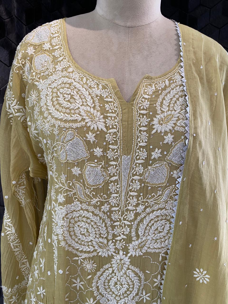Pista Green mul chanderi Anarkali Kurta set