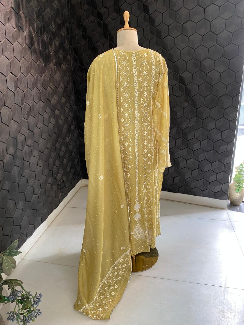 Pista Green mul chanderi Anarkali Kurta set