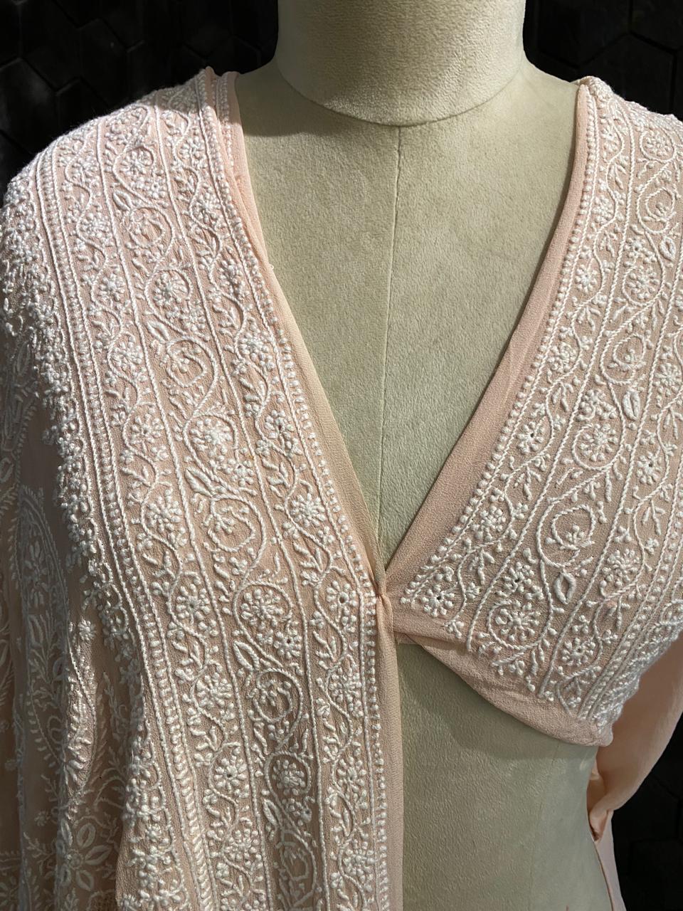 Peach georgette chikankari saree