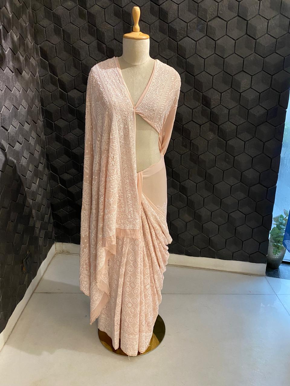 Peach georgette chikankari saree