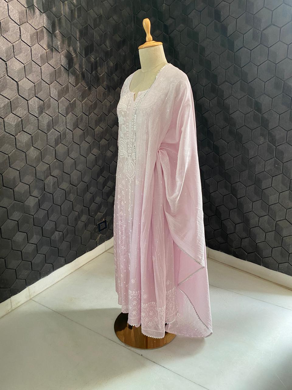 Lilac mul chanderi chikankari Anarkali kurta set