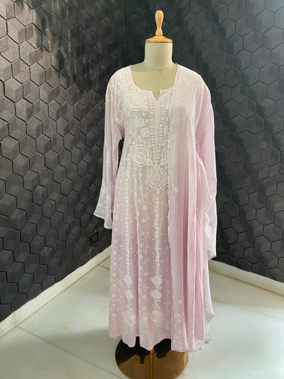 Lilac mul chanderi chikankari Anarkali kurta set