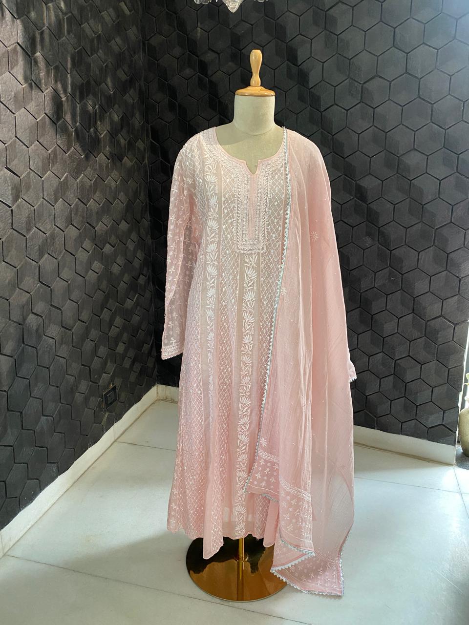 pink mul chanderi chikankari Anarkali kurta set