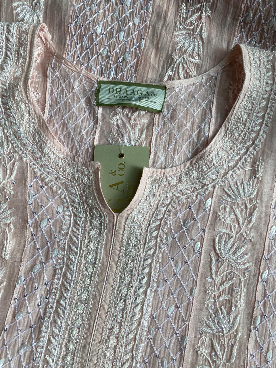 pink mul chanderi chikankari Anarkali kurta set