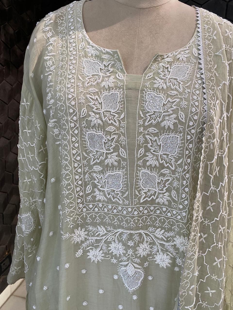 Dusty Green Mul Chanderi Chikankari Kurta Set