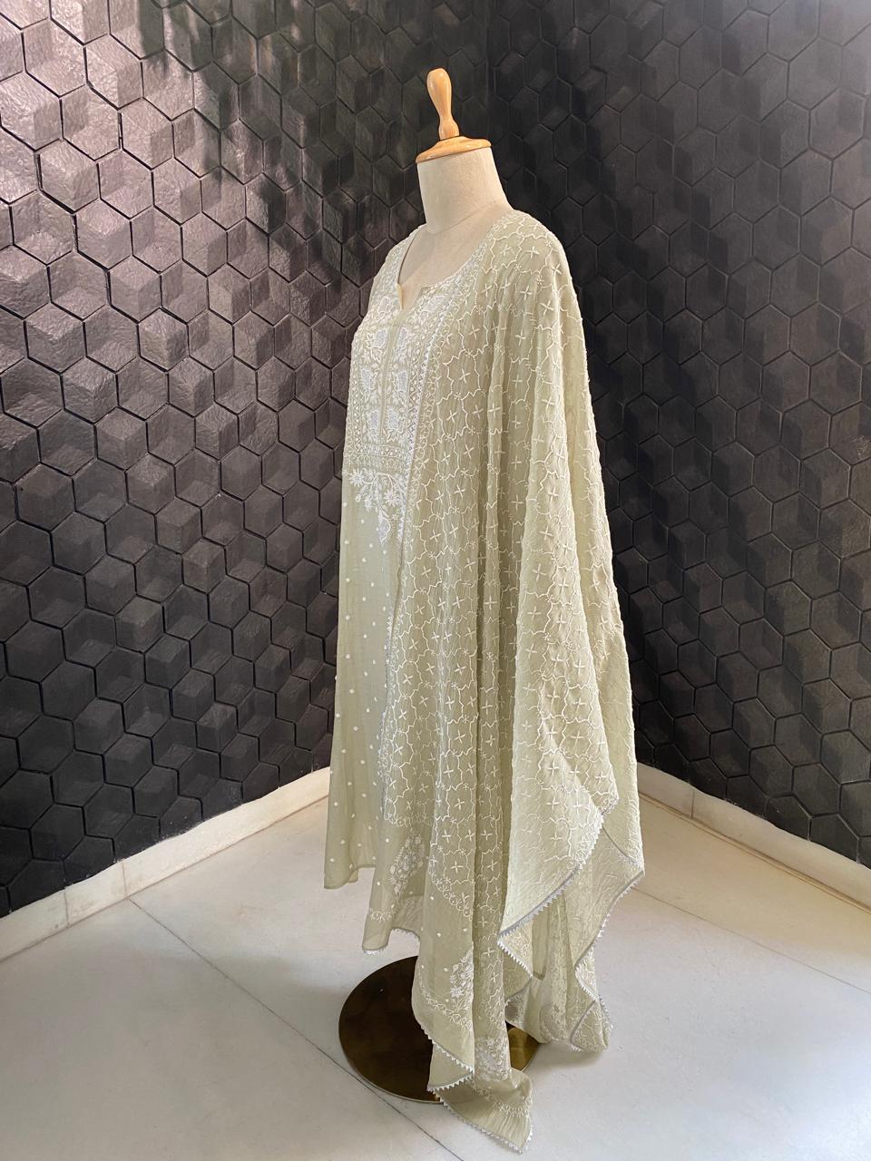 Dusty Green Mul Chanderi Chikankari Kurta Set