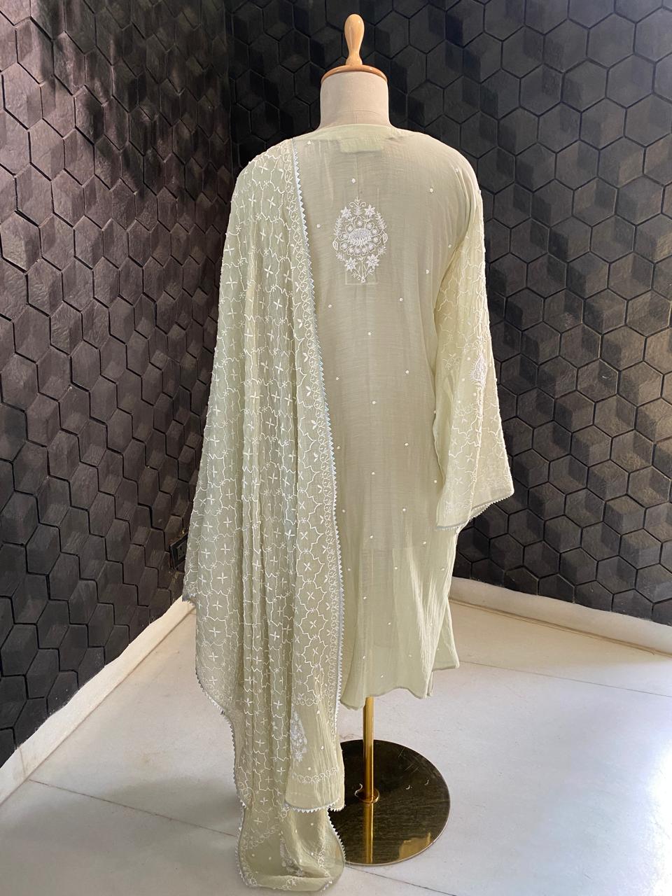 Dusty Green Mul Chanderi Chikankari Kurta Set