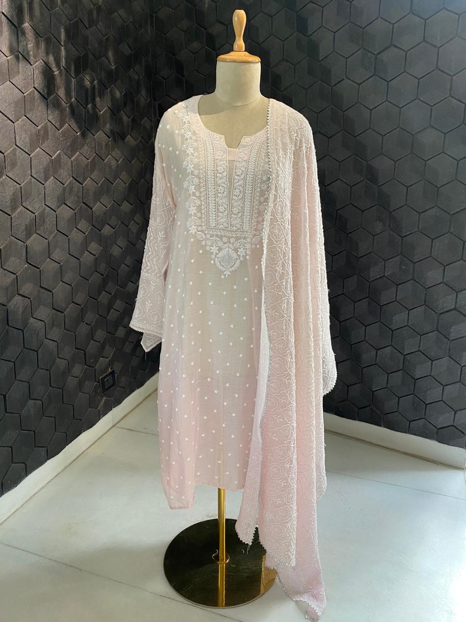 Pink Mul Chanderi Chikankari Kurta Set