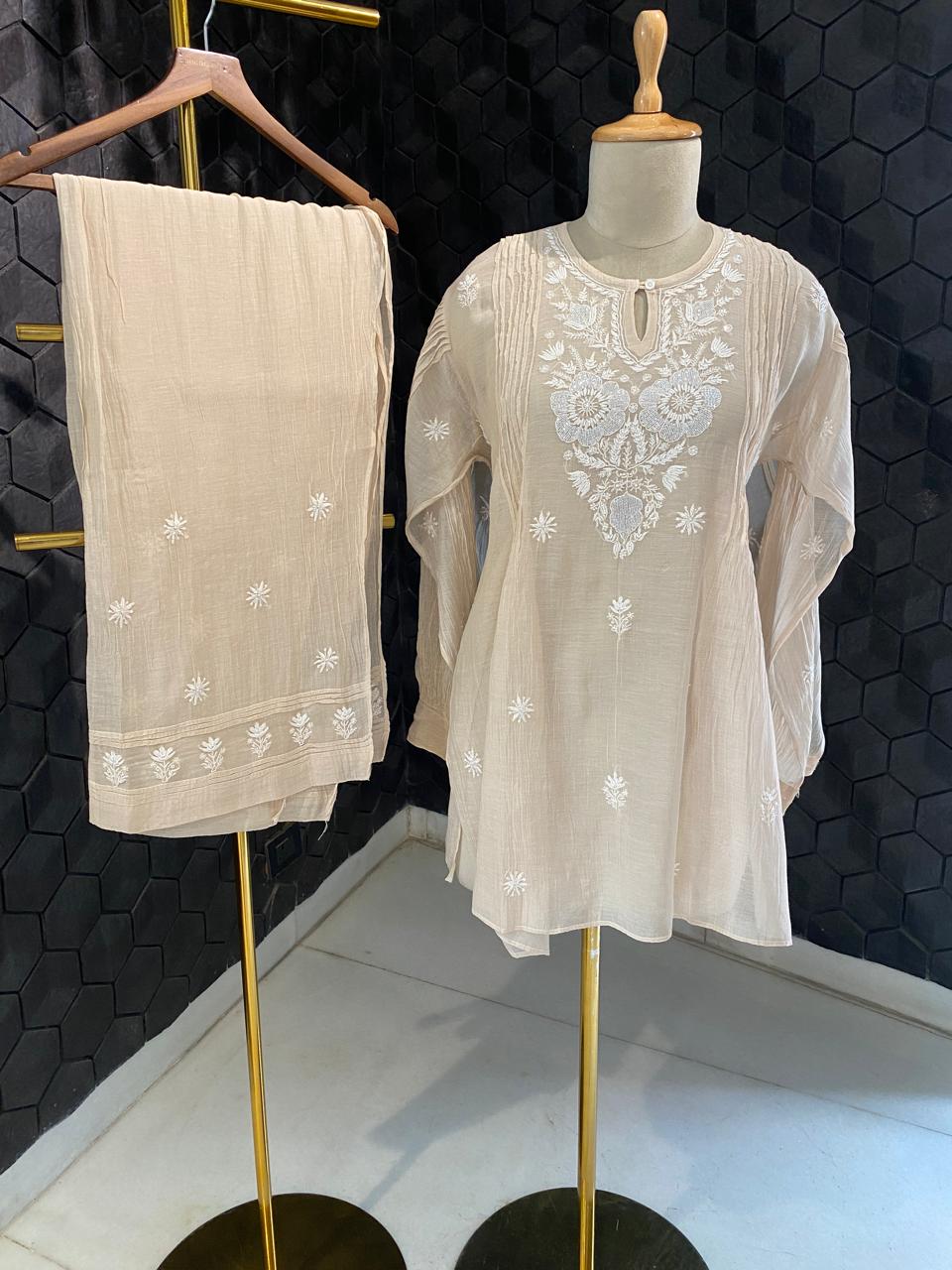 Beige mul chanderi chikankari co-ord set