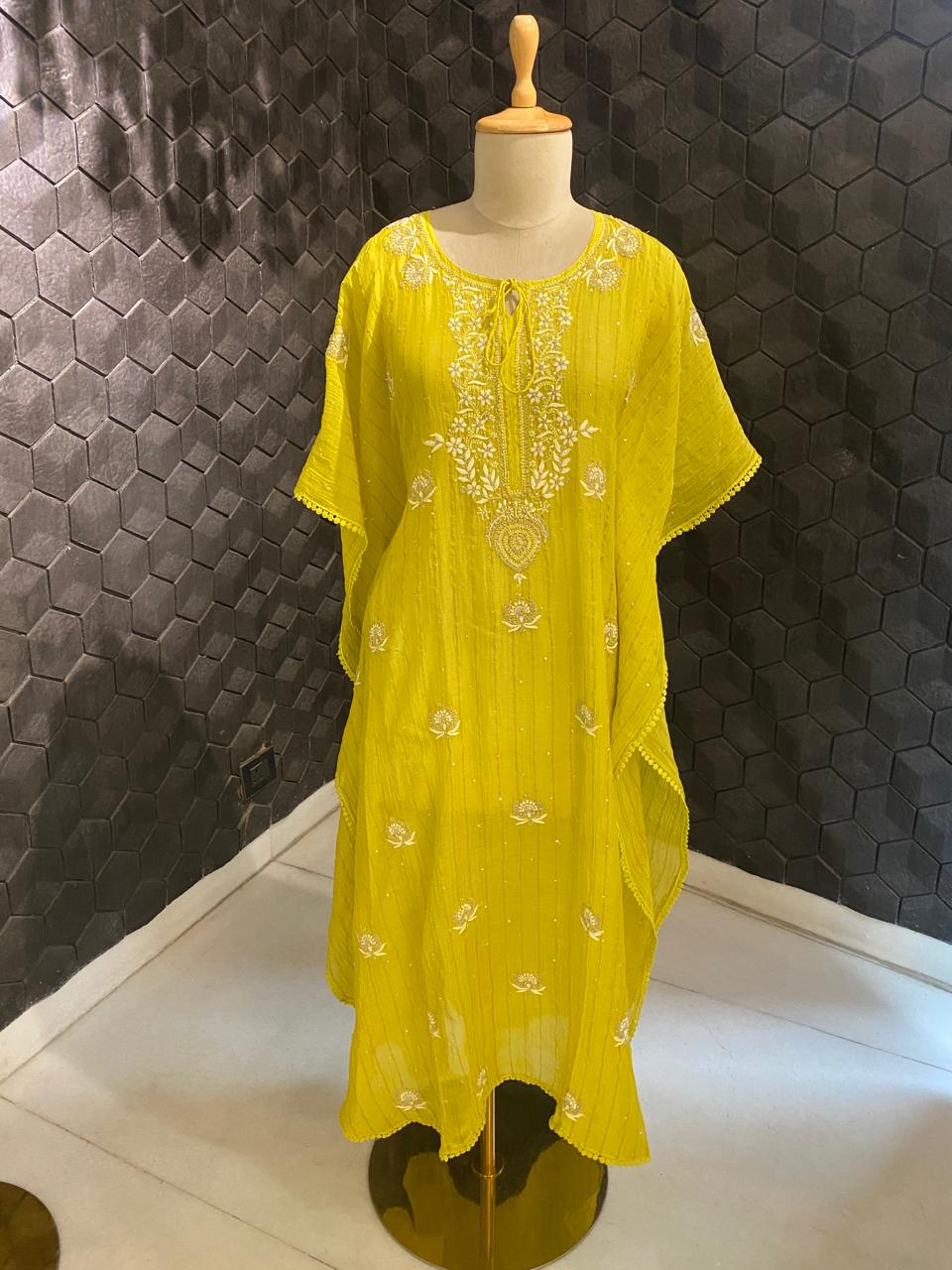 Lime Green striped mul chanderi chikankari Kaftan