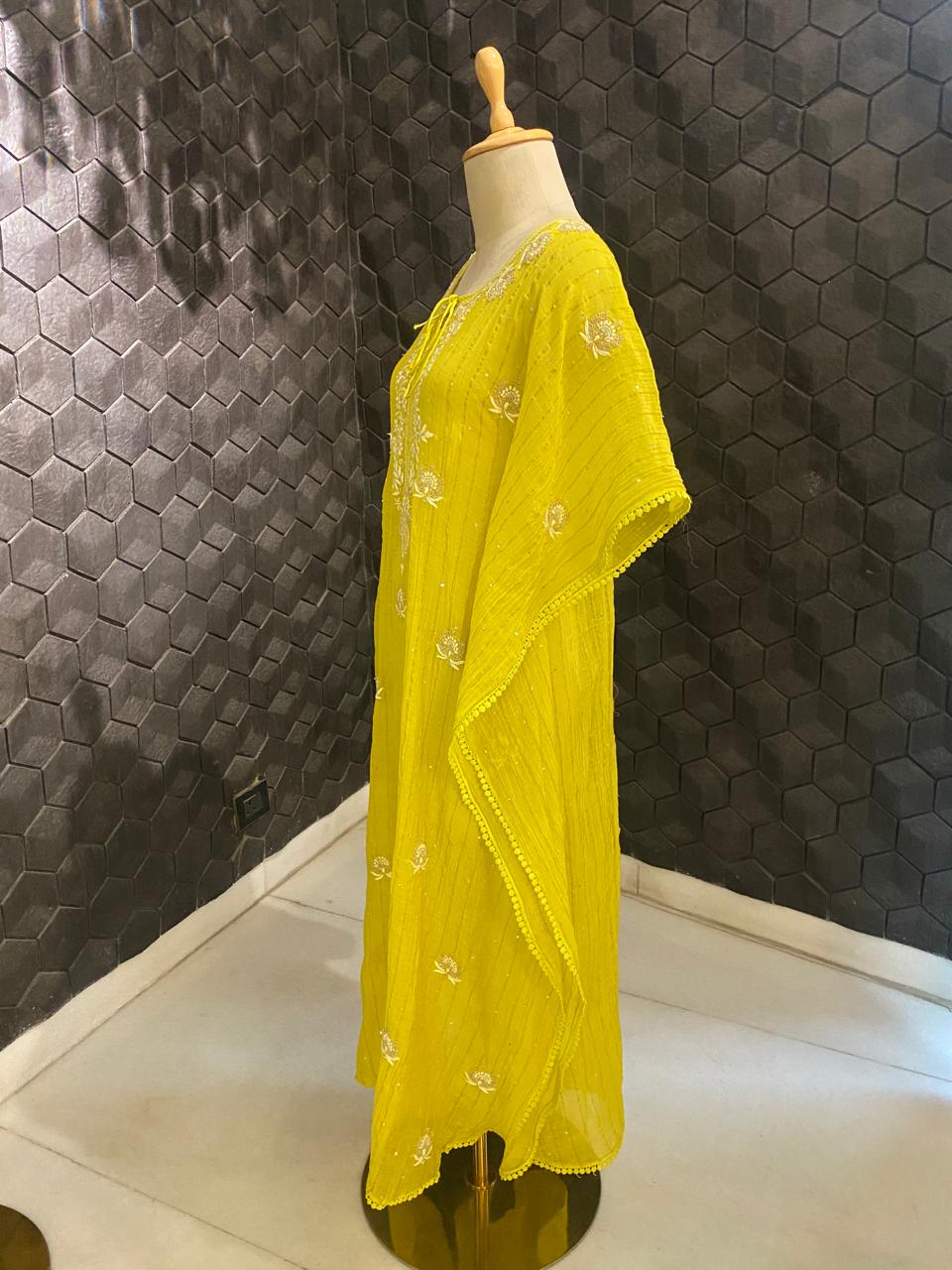 Lime Green striped mul chanderi chikankari Kaftan